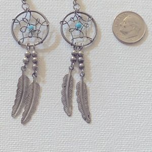 Dream Catcher Earrings Silver Tone/blue bead & dangle silver tone feathers